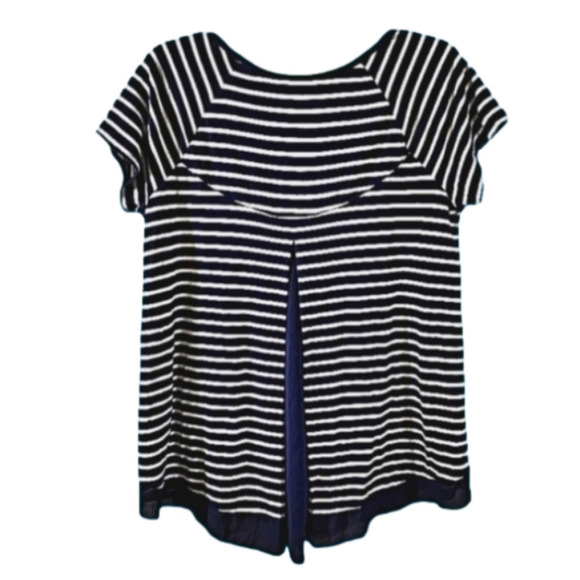 Premise M Navy/White Striped Short Sleeve Chiffon Inverted Pleat Blouse - Picture 2 of 5